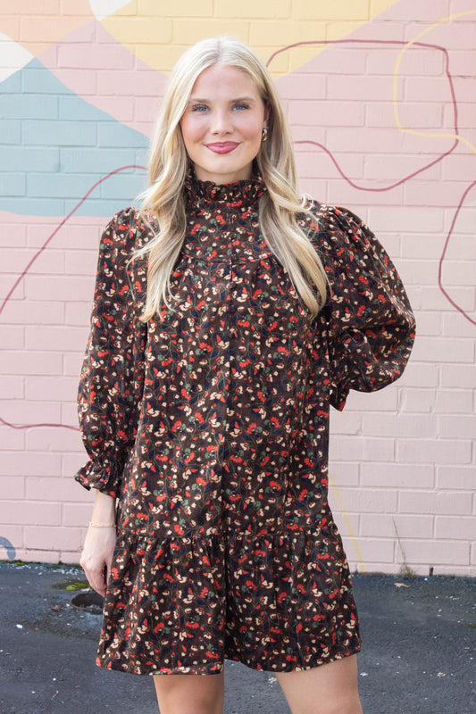  Arianna Corduroy Printed Dress, Chocolate Mix