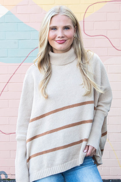  Myra Striped Turtleneck Sweater, Light Taupe