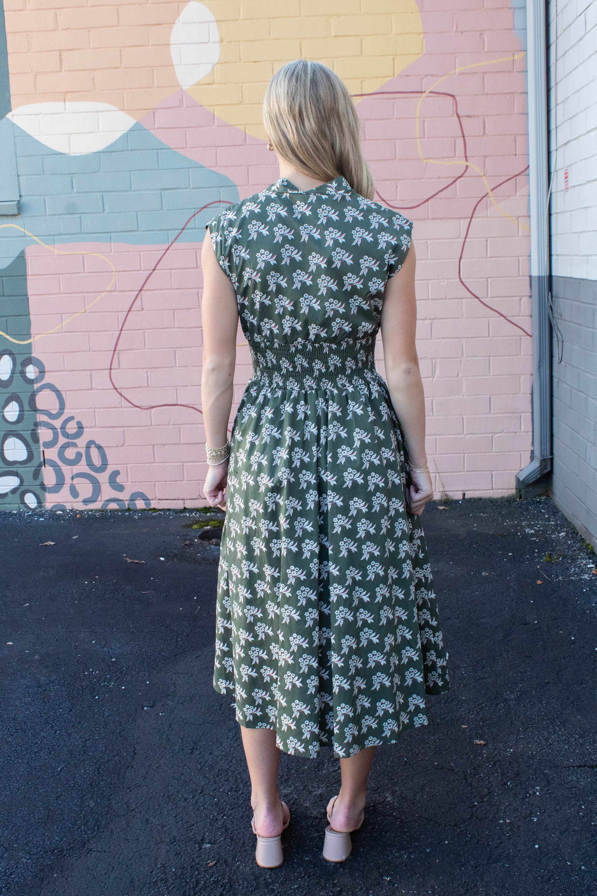  Lila Printed Front Zip Dress, Olive Green