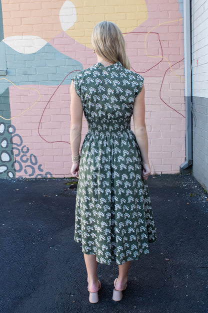  Lila Printed Front Zip Dress, Olive Green