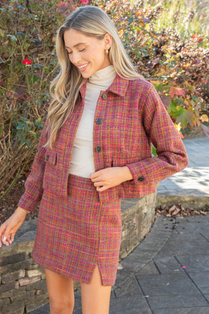  Kiah Tweed Mini Skirt, Plum/Camel