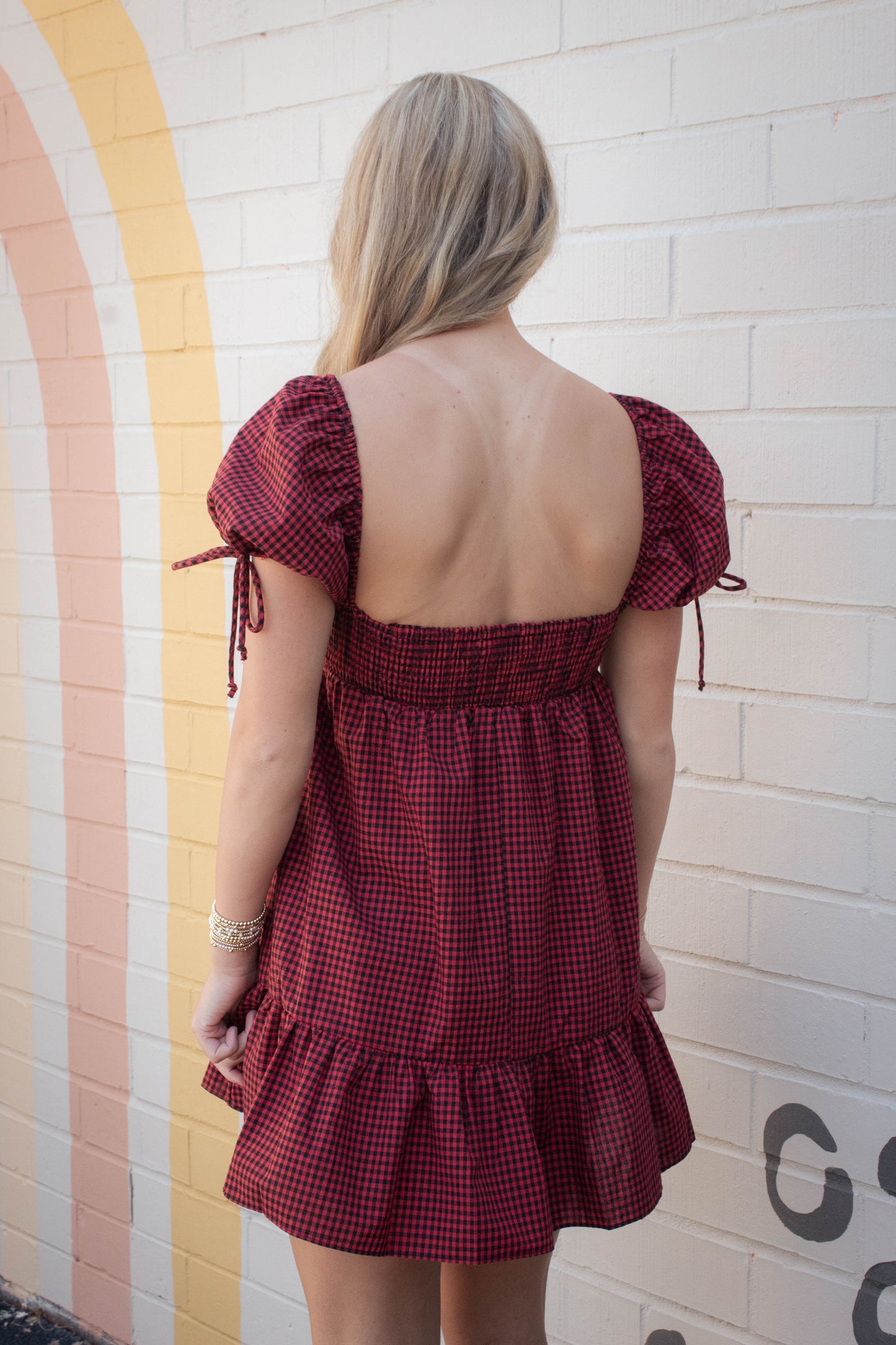  Francine Sweetheart Neck Checkered Dress, Black Red