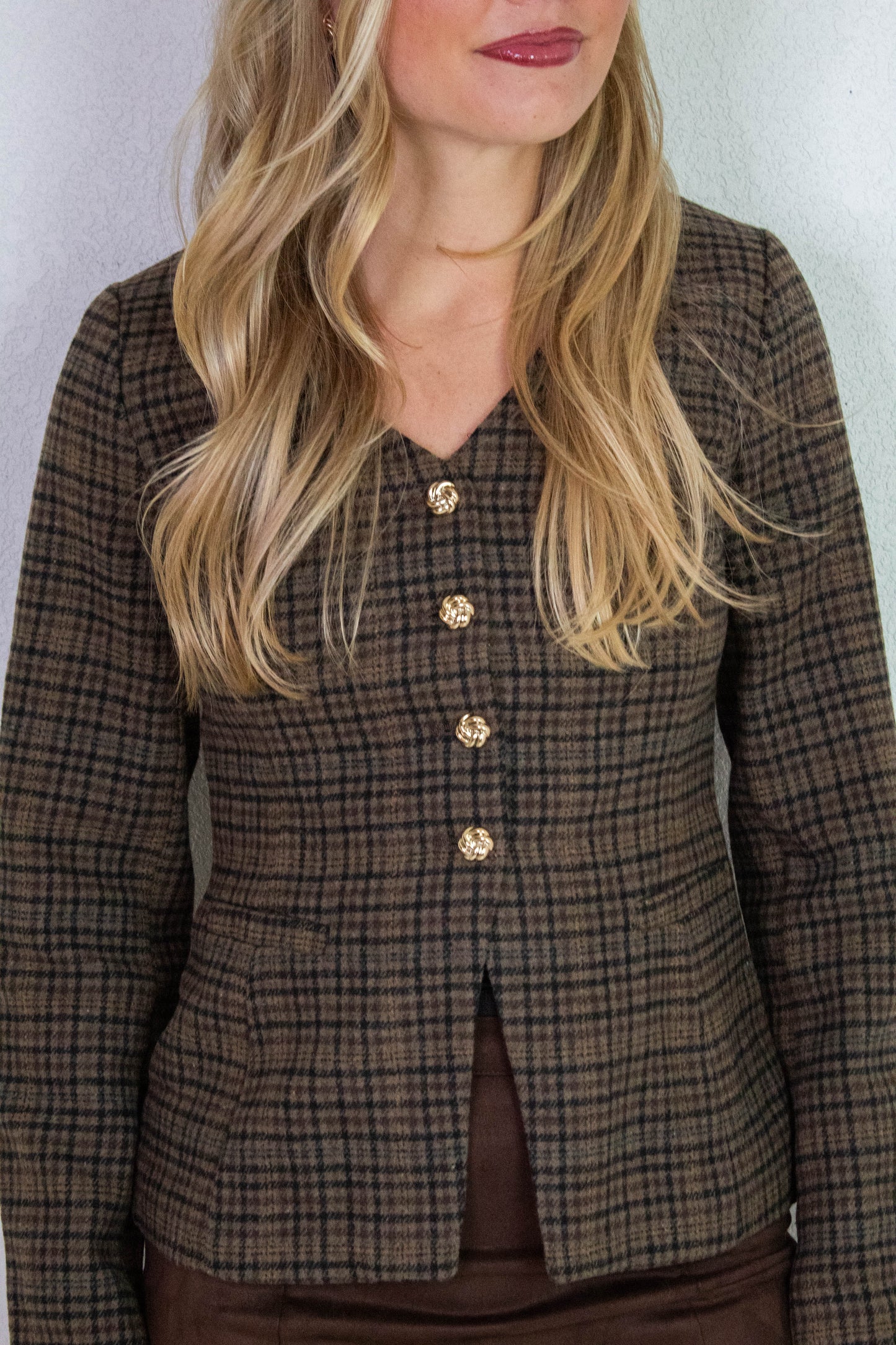  Cassandra Plaid Tweed Blazer, Brown Multi