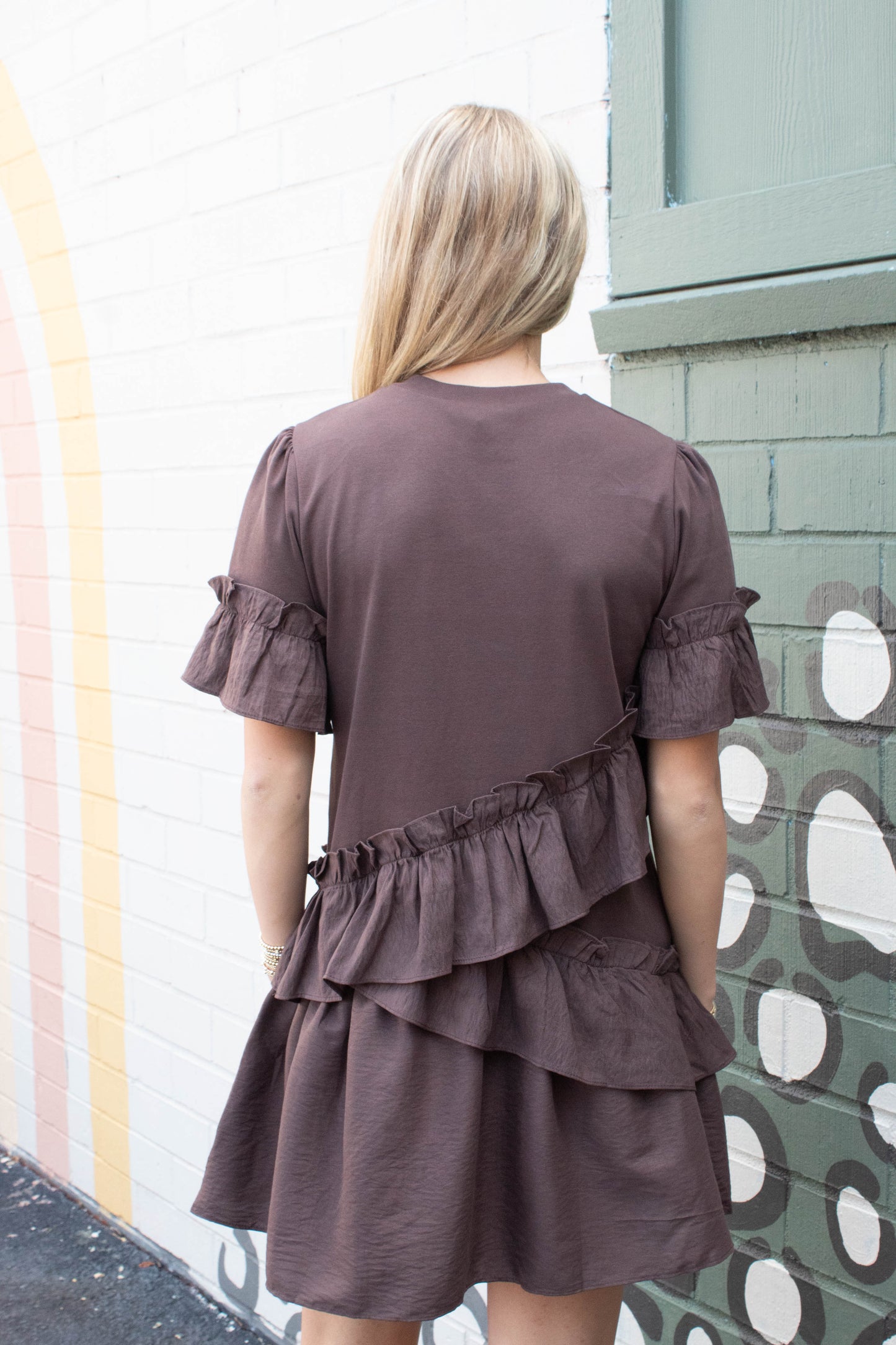  Cora Ruffle Detailed T-Shirt Dress, Cocoa