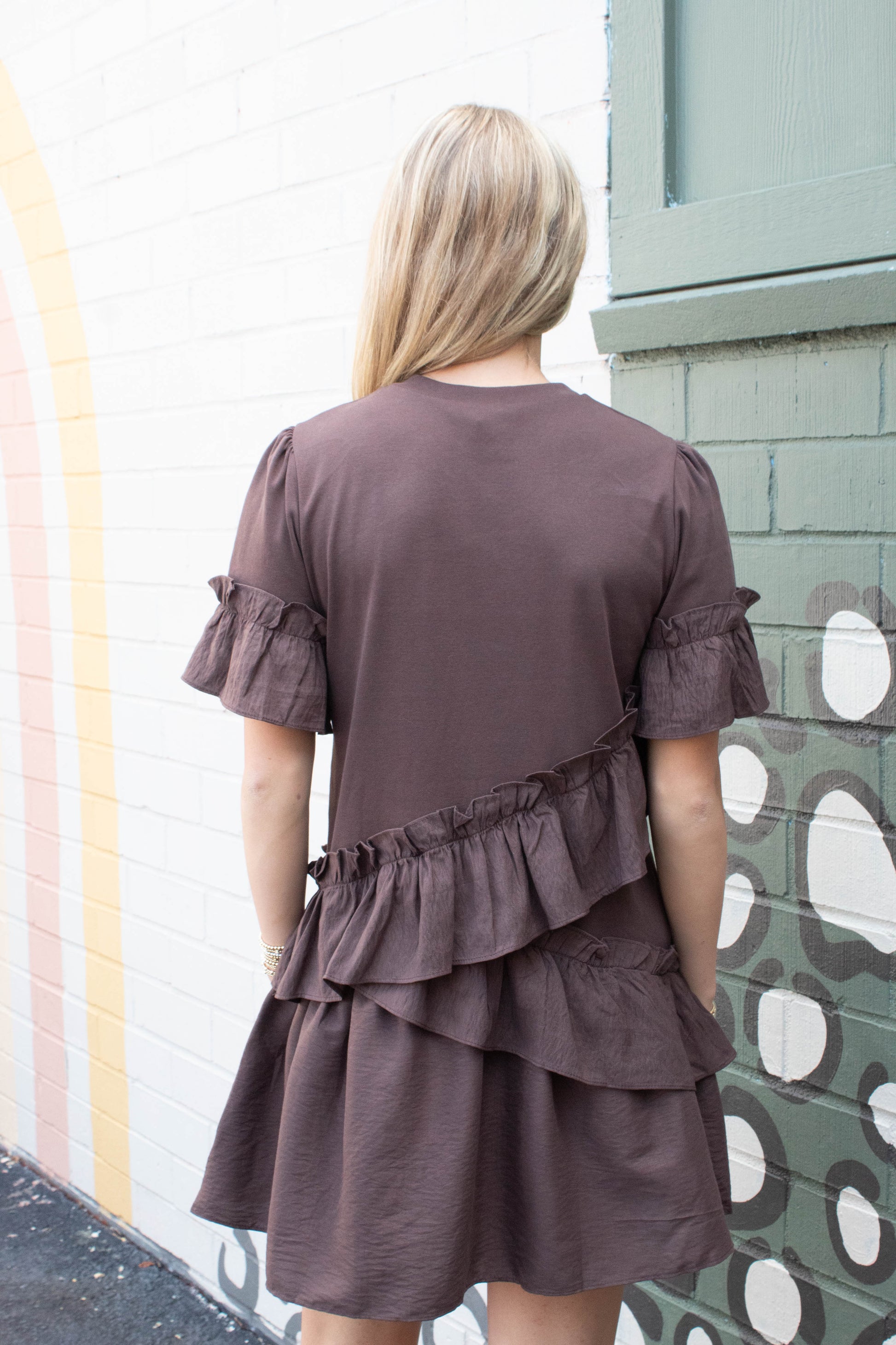  Cora Ruffle Detailed T-Shirt Dress, Cocoa