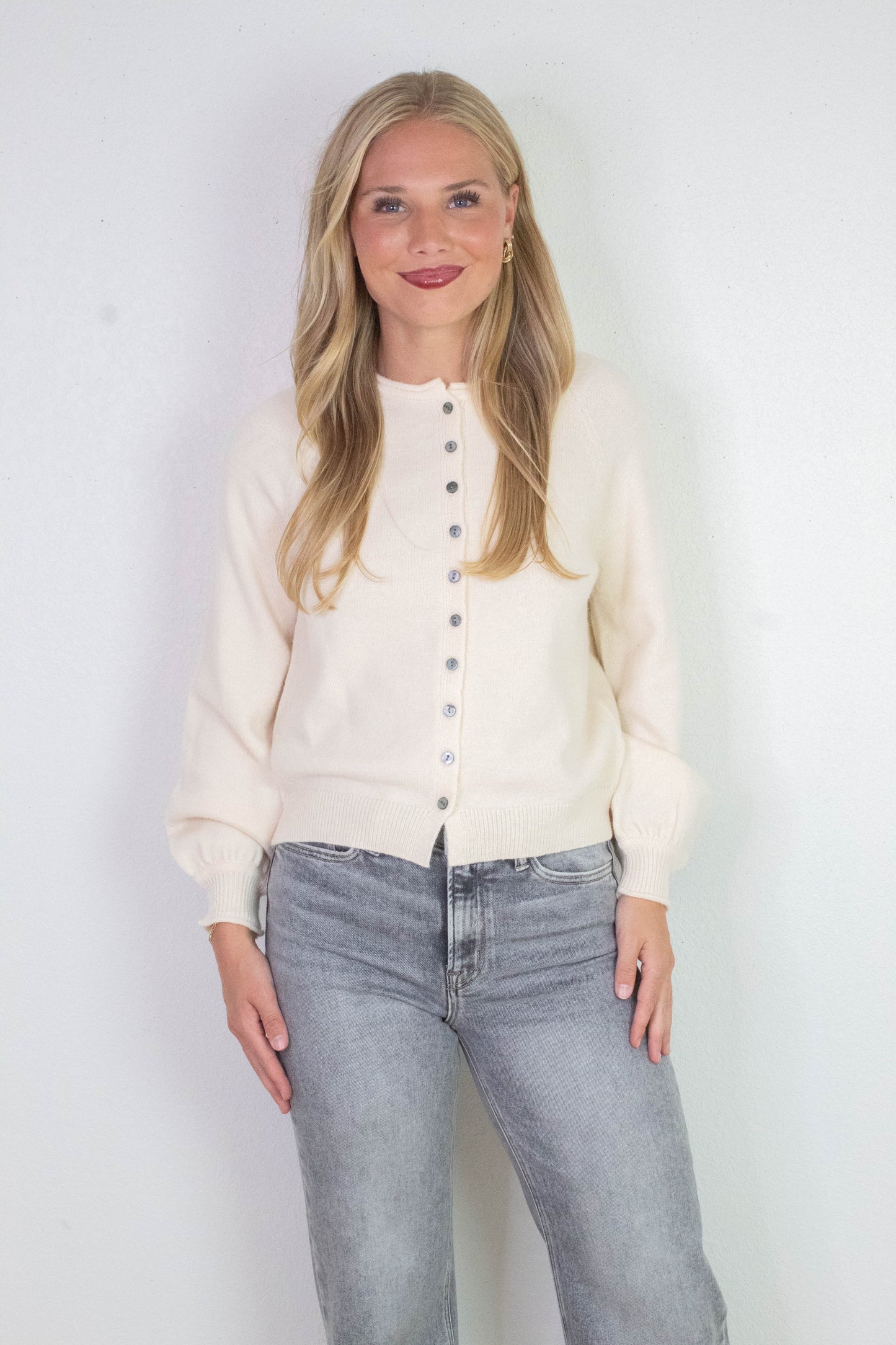  Juliette Rolled Edge Balloon Sleeve Cardigan, Cream