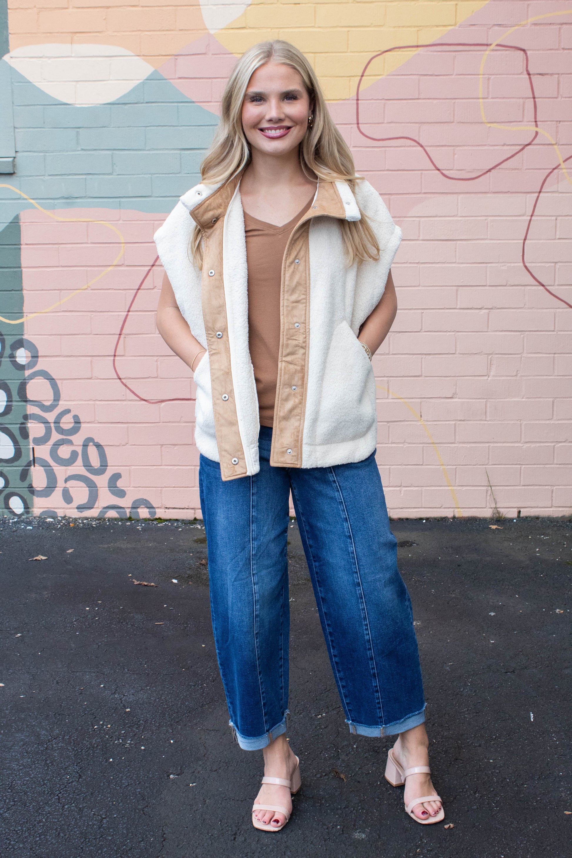  Jasmine Fleece Suede Contrast Vest, Ecru