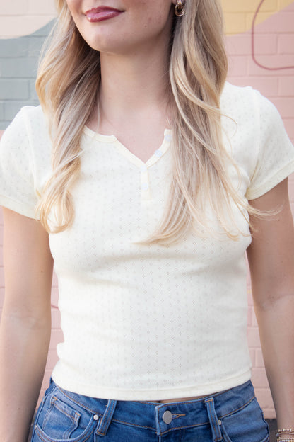  Julia Pointelle Knit Henley Top, Butter