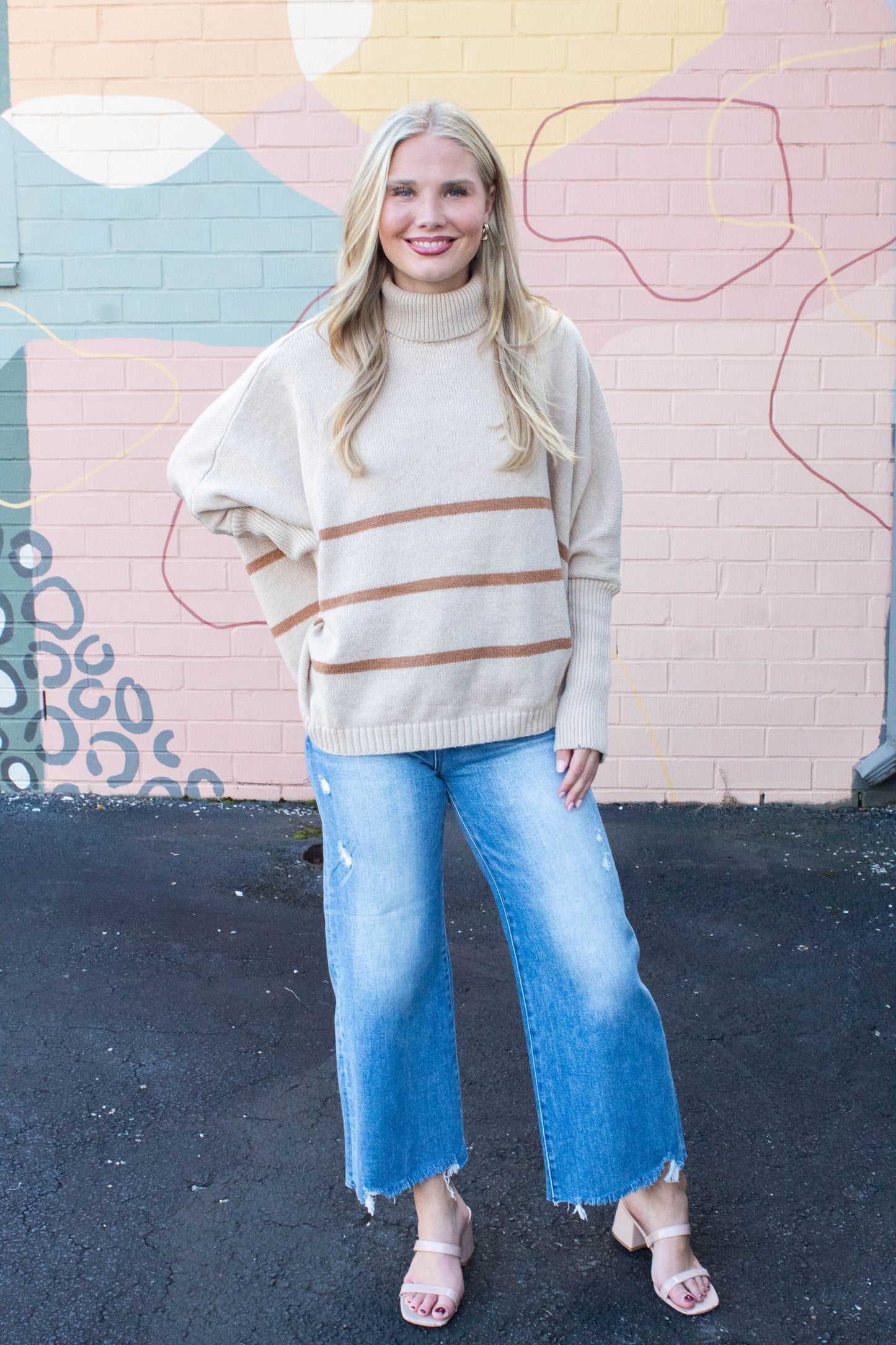  Myra Striped Turtleneck Sweater, Light Taupe