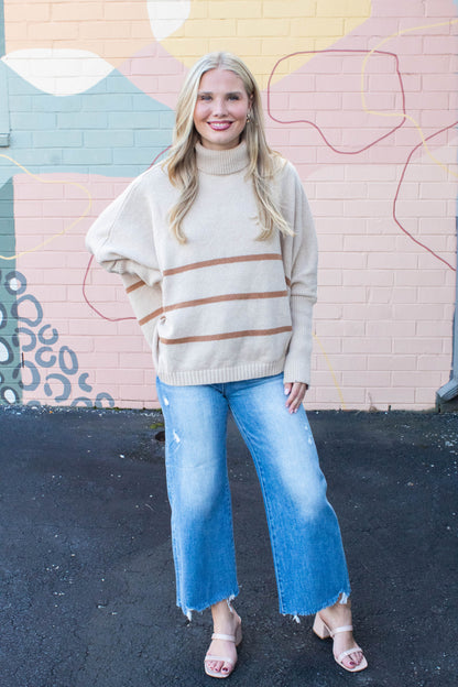  Myra Striped Turtleneck Sweater, Light Taupe