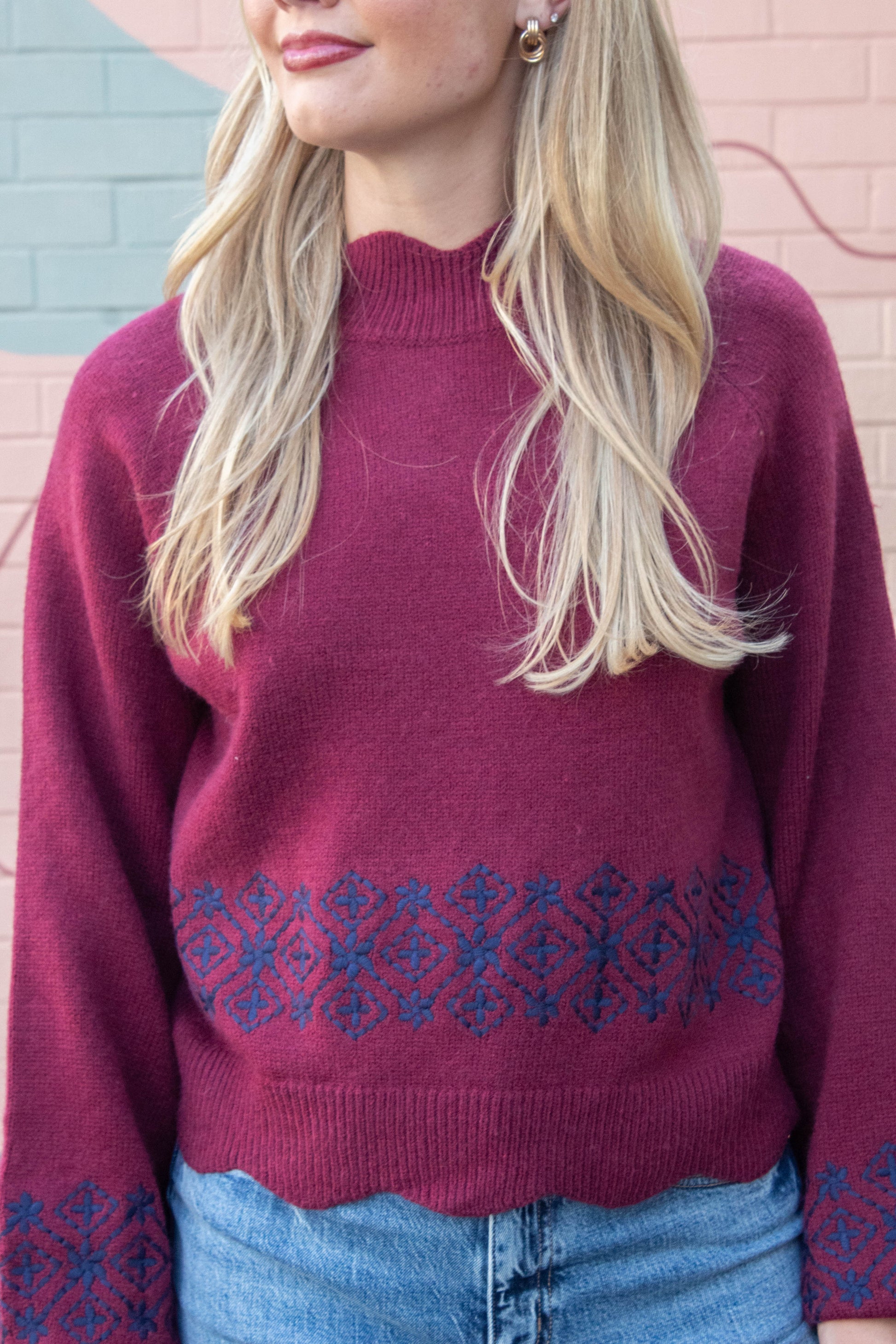  Ariana Scalloped Embroidered Sweater, Burgundy Navy