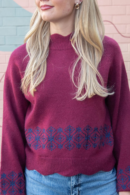  Ariana Scalloped Embroidered Sweater, Burgundy Navy