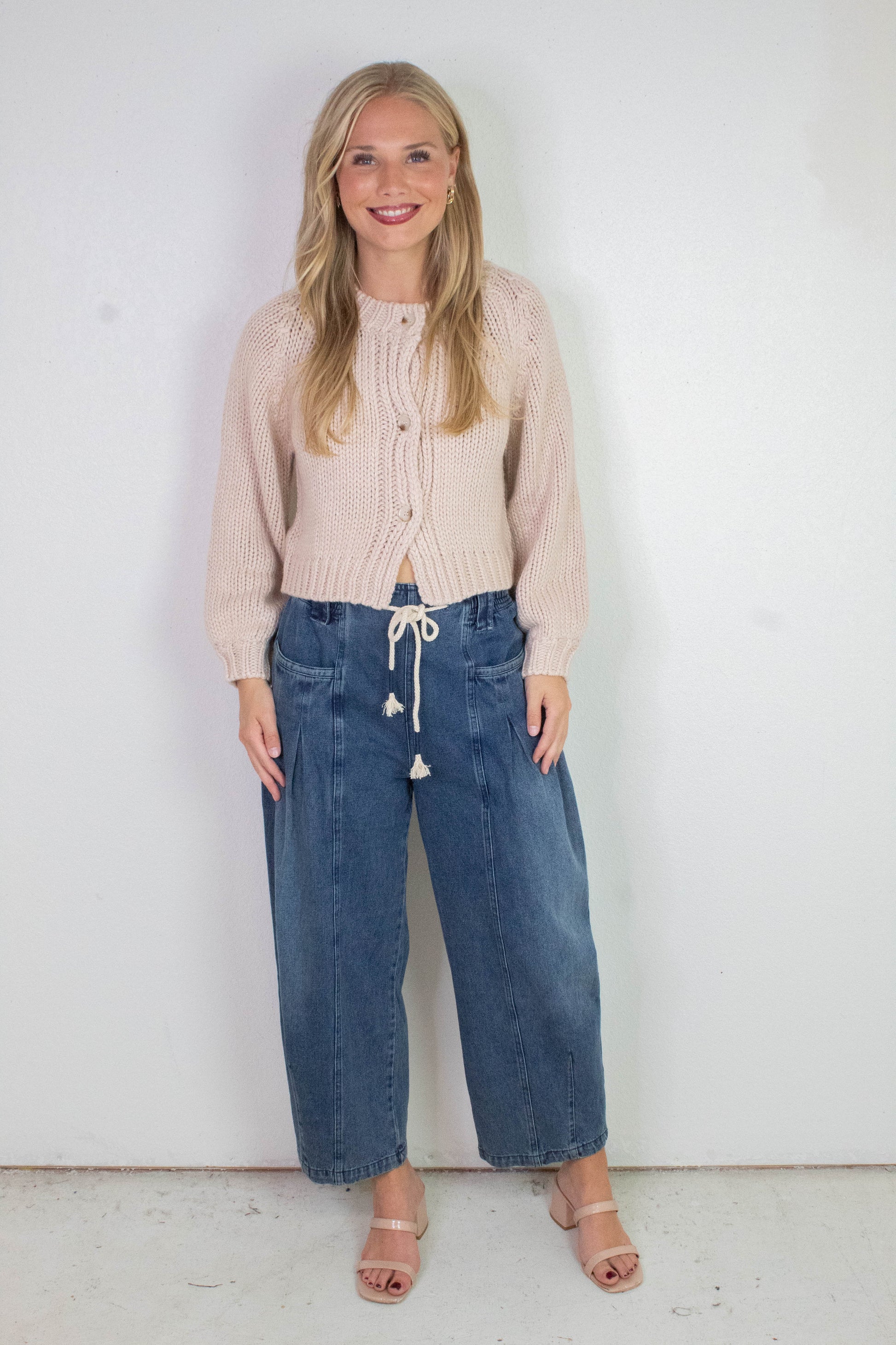  Raya Drawstring Barrel Leg Pants, Washed Denim