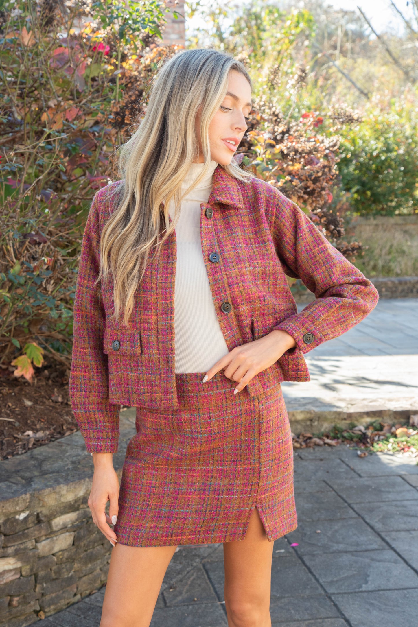  Kiah Tweed Mini Skirt, Plum/Camel