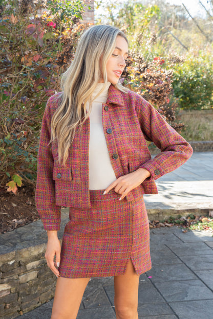  Kiah Tweed Mini Skirt, Plum/Camel