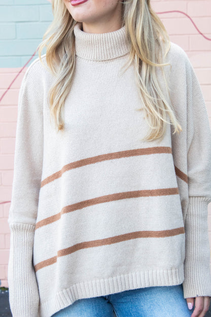  Myra Striped Turtleneck Sweater, Light Taupe