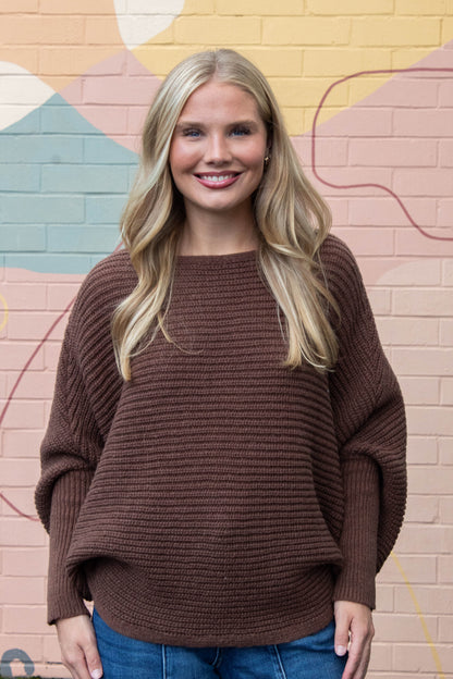  Lily Batwing Boat Neck Sweater, Brown
