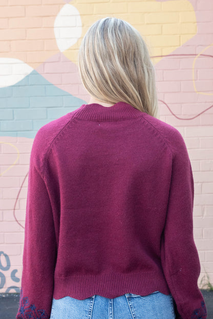  Ariana Scalloped Embroidered Sweater, Burgundy Navy