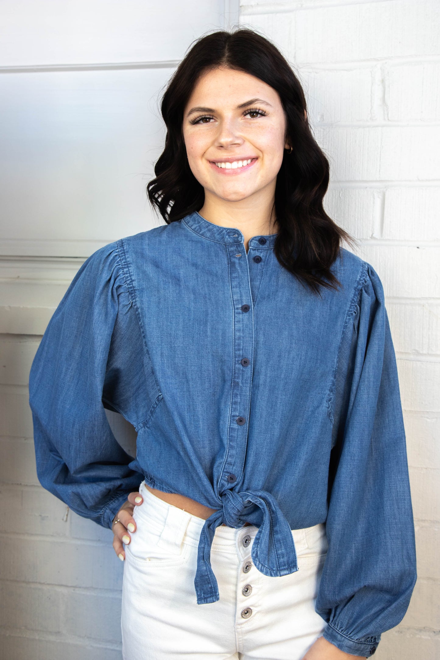  Nola Tie Front Volume Blouse, Blue Slate | Sanctuary