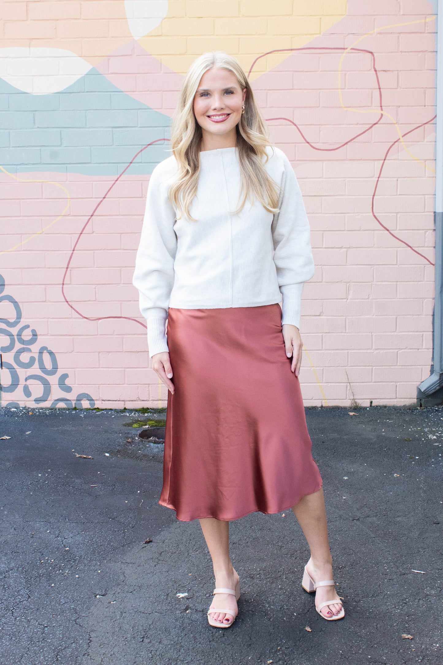  Stevie Satin Bias Midi Skirt, Copper