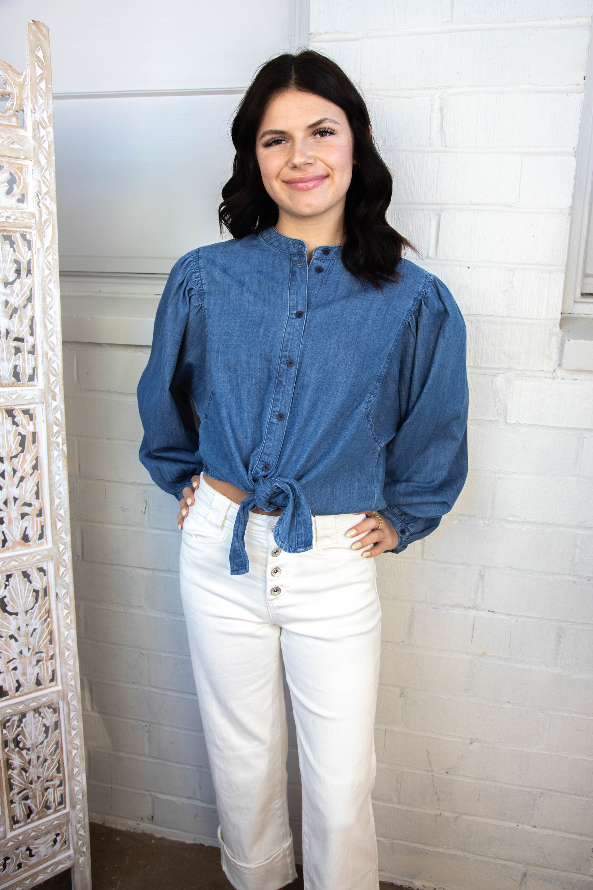  Nola Tie Front Volume Blouse, Blue Slate | Sanctuary