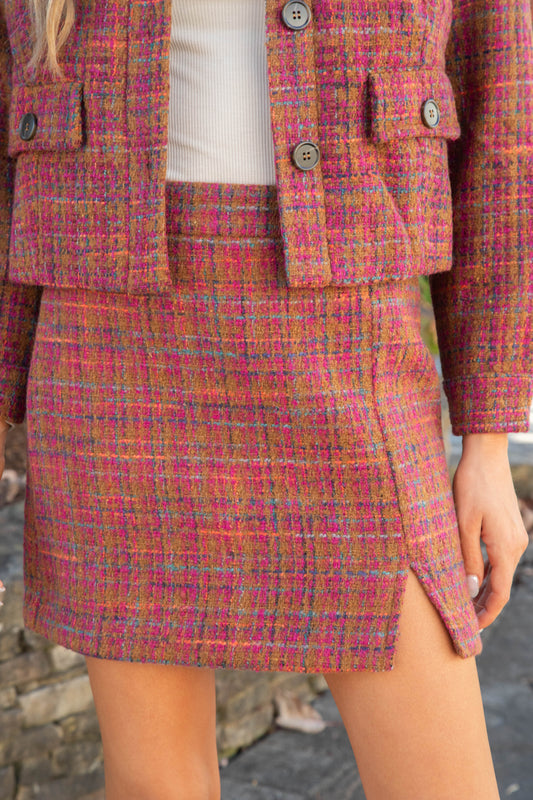  Kiah Tweed Mini Skirt, Plum/Camel
