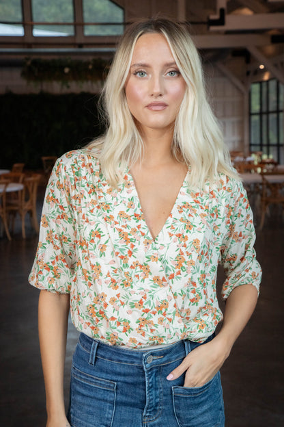  Slow Travels Surplice Bodysuit, Cream Multi | Sadie & Sage