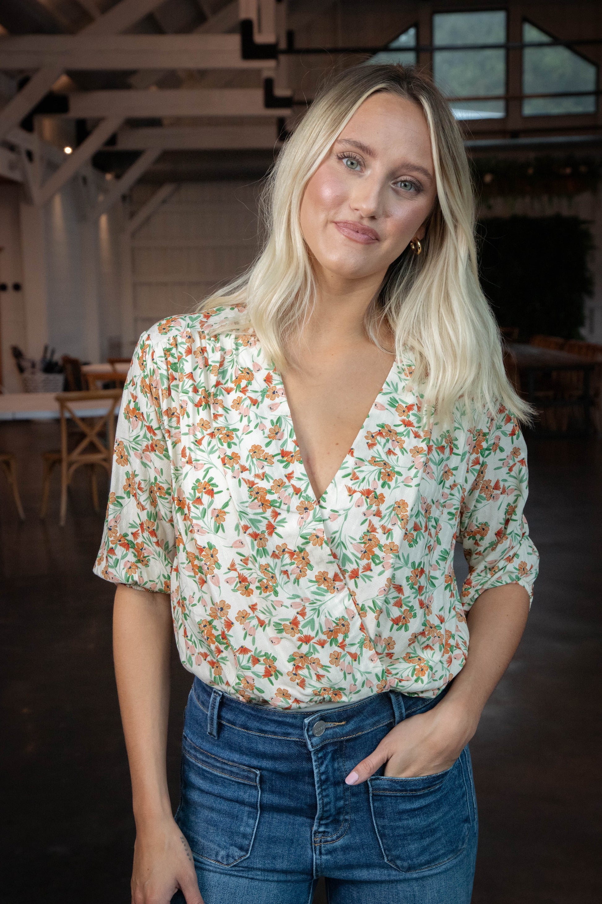  Slow Travels Surplice Bodysuit, Cream Multi | Sadie & Sage