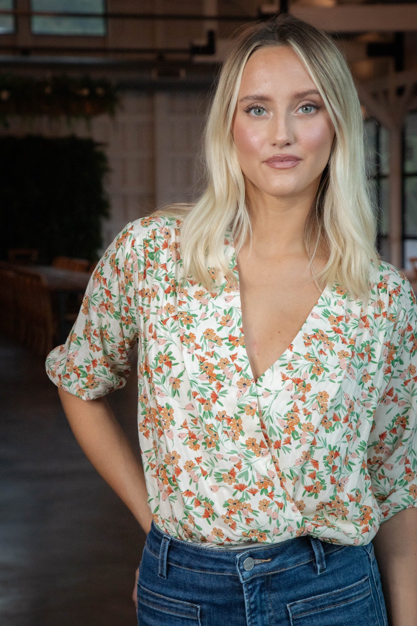  Slow Travels Surplice Bodysuit, Cream Multi | Sadie & Sage
