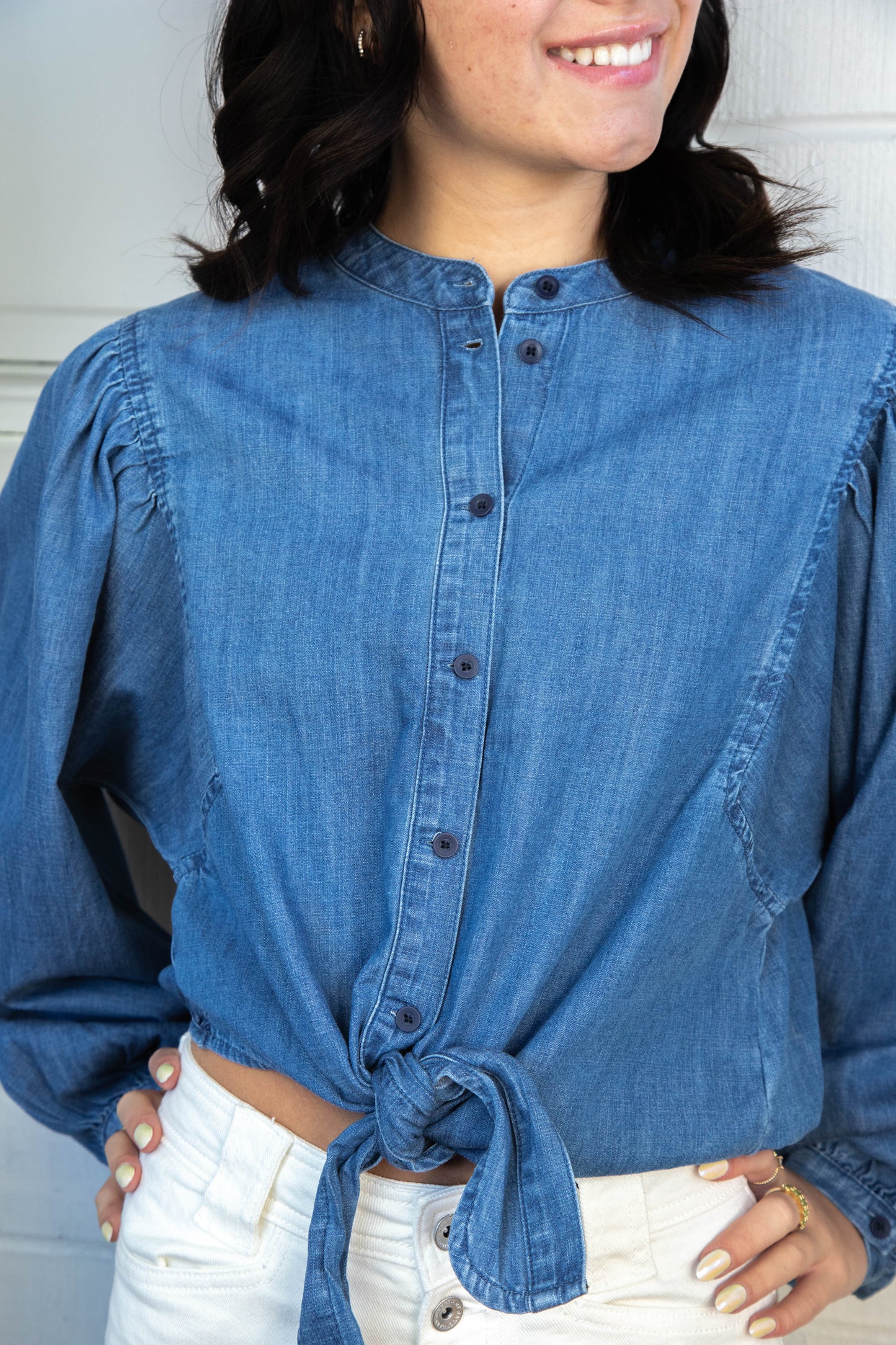  Nola Tie Front Volume Blouse, Blue Slate | Sanctuary