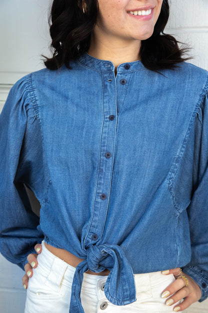  Nola Tie Front Volume Blouse, Blue Slate | Sanctuary