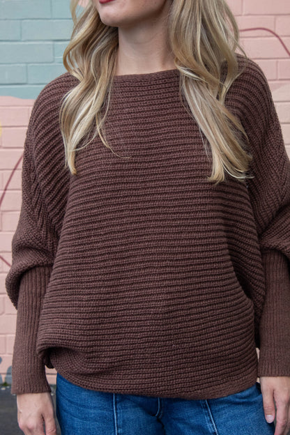  Lily Batwing Boat Neck Sweater, Brown