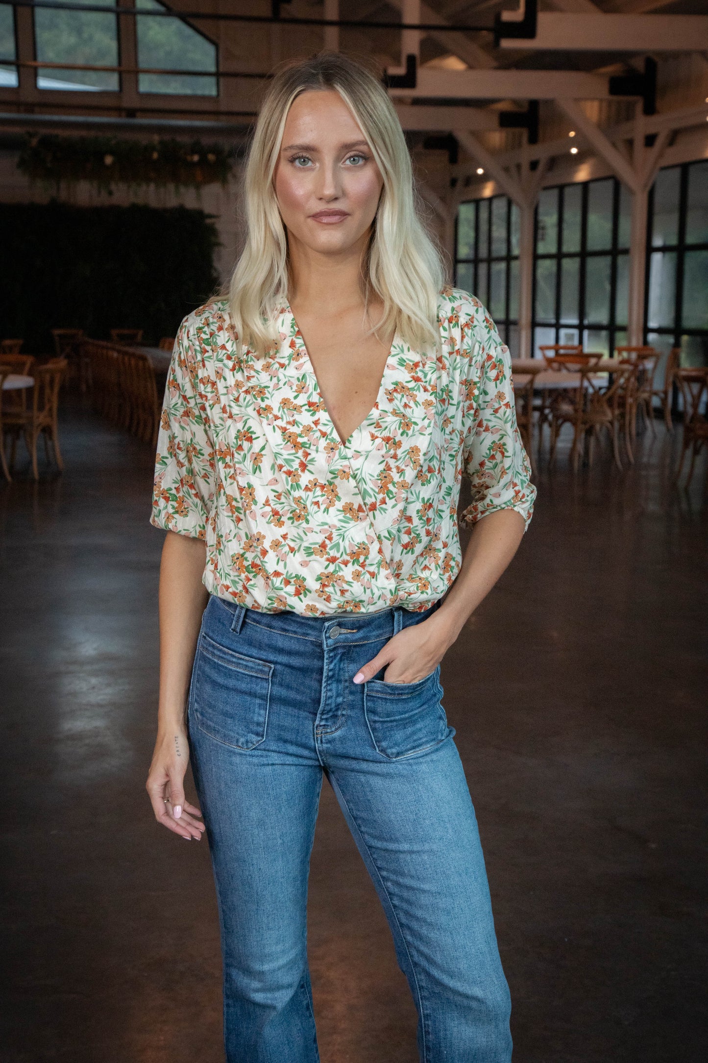  Slow Travels Surplice Bodysuit, Cream Multi | Sadie & Sage