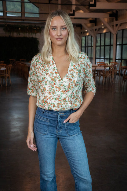  Slow Travels Surplice Bodysuit, Cream Multi | Sadie & Sage