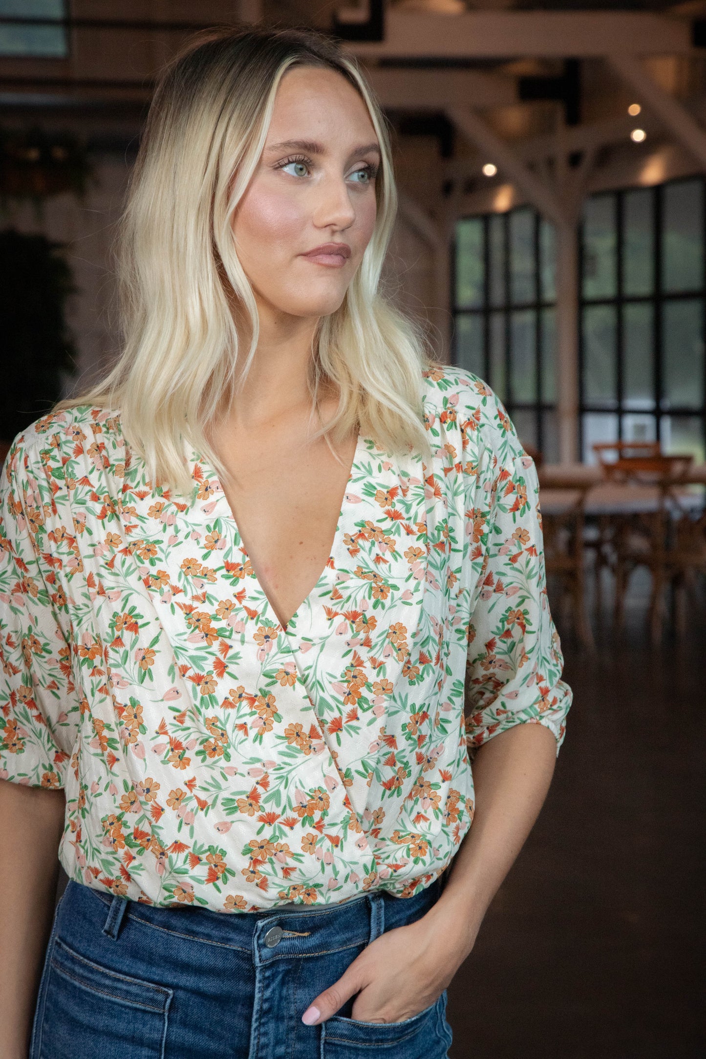  Slow Travels Surplice Bodysuit, Cream Multi | Sadie & Sage
