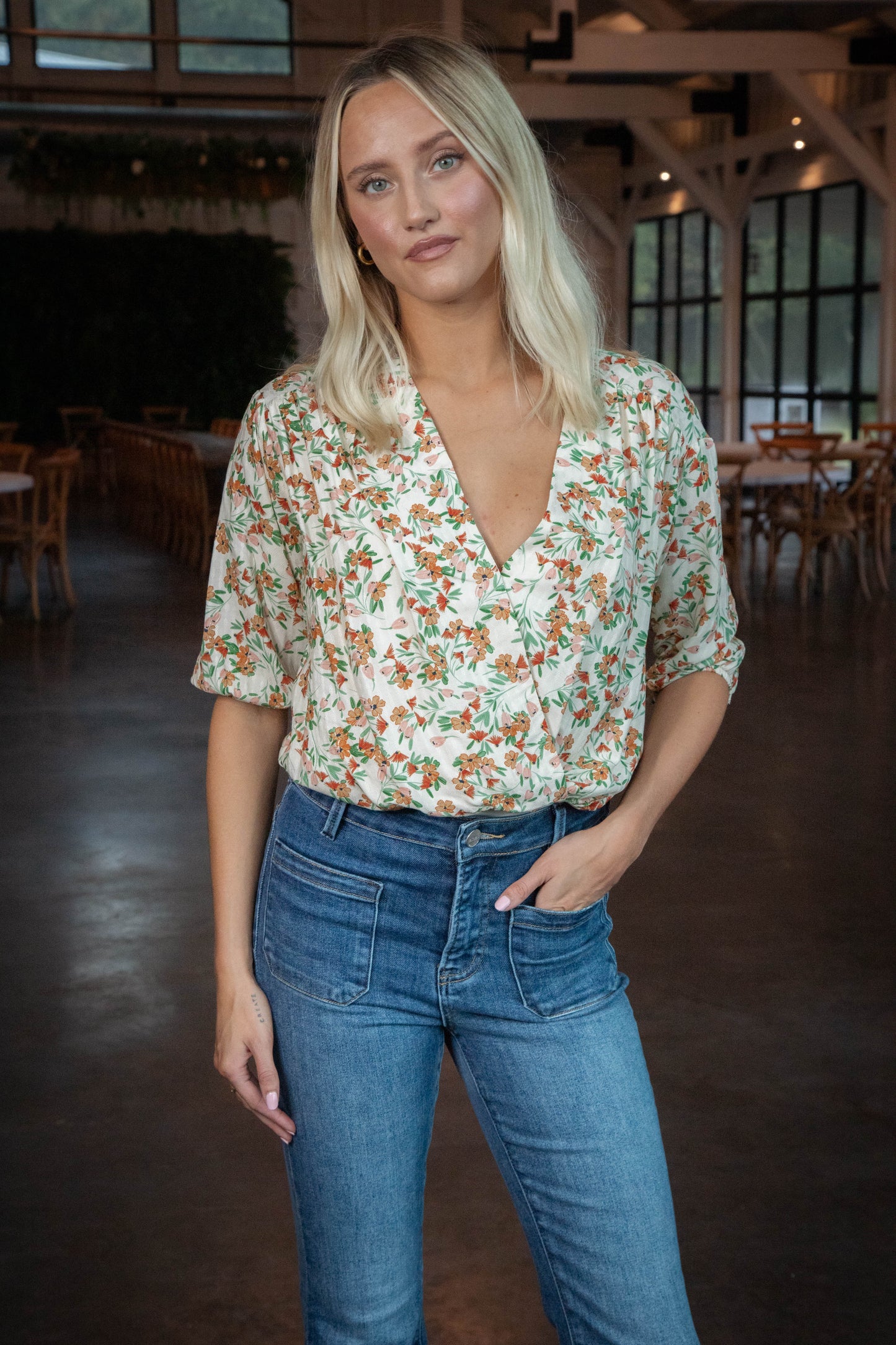 Slow Travels Surplice Bodysuit, Cream Multi | Sadie & Sage
