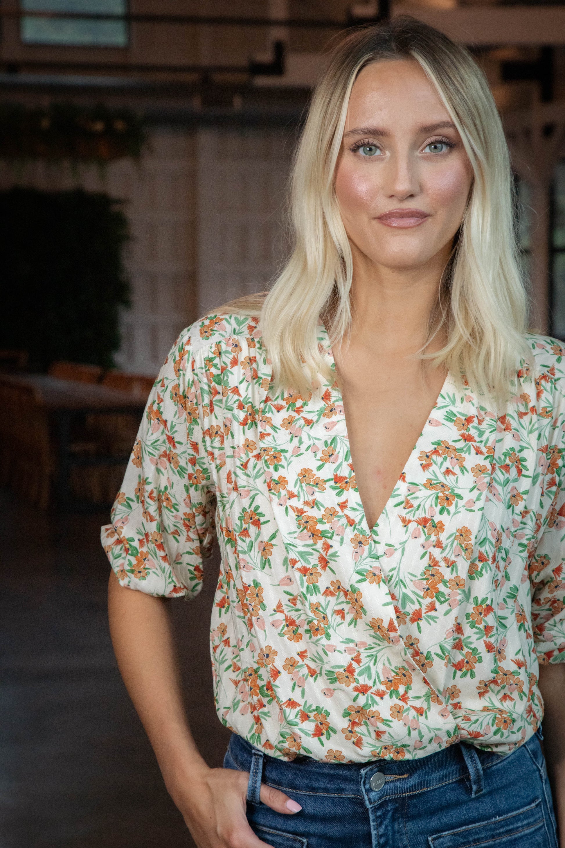  Slow Travels Surplice Bodysuit, Cream Multi | Sadie & Sage
