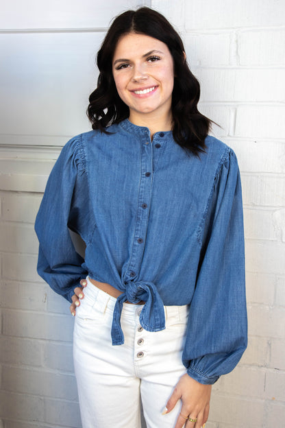  Nola Tie Front Volume Blouse, Blue Slate | Sanctuary