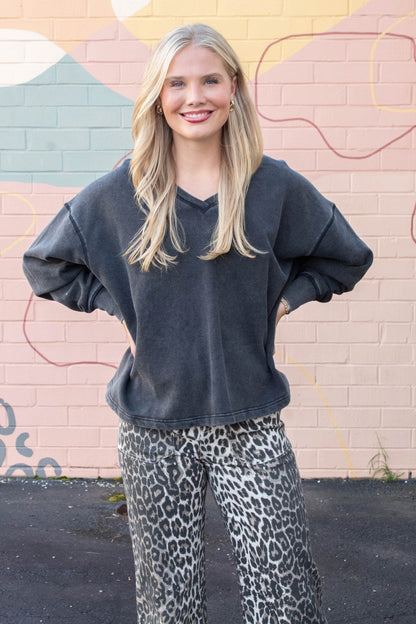  Melody Oversized V-Neck Sweatshirt, Black