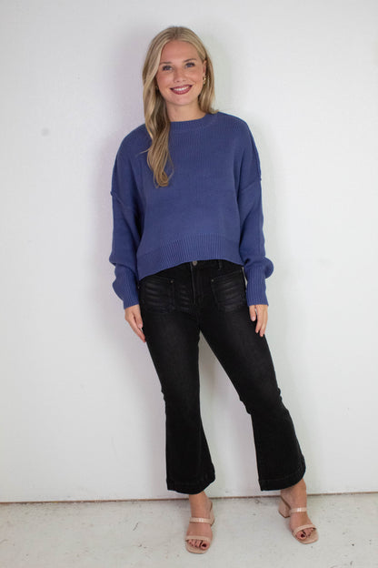  Camila Round Neck Cropped Sweater, Dusty Indigo