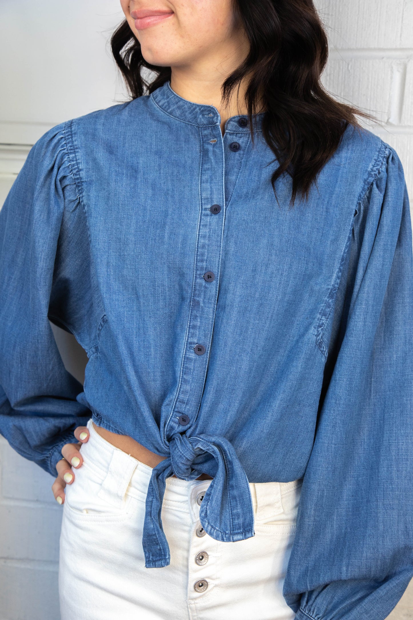  Nola Tie Front Volume Blouse, Blue Slate | Sanctuary