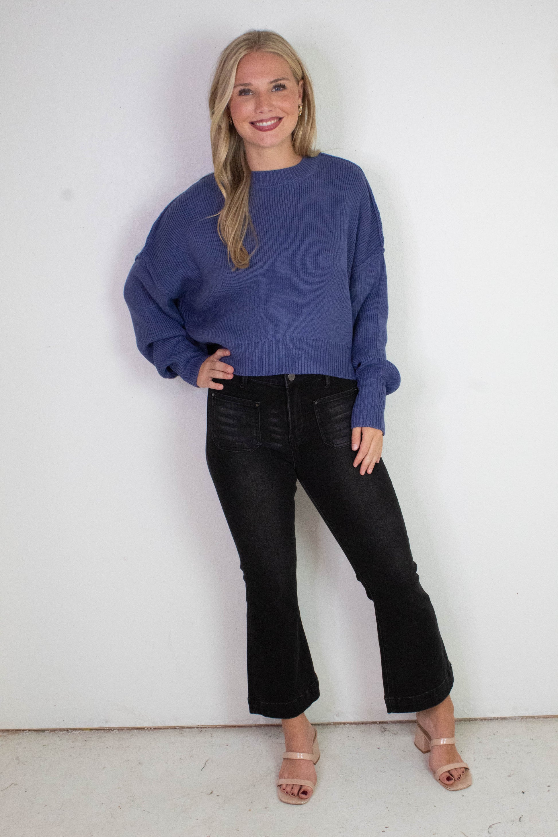  Camila Round Neck Cropped Sweater, Dusty Indigo