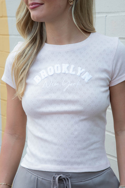  Brooklyn NY Heart Pointelle Baby Tee, Peach Blush