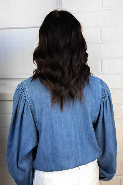 Nola Tie Front Volume Blouse, Blue Slate | Sanctuary