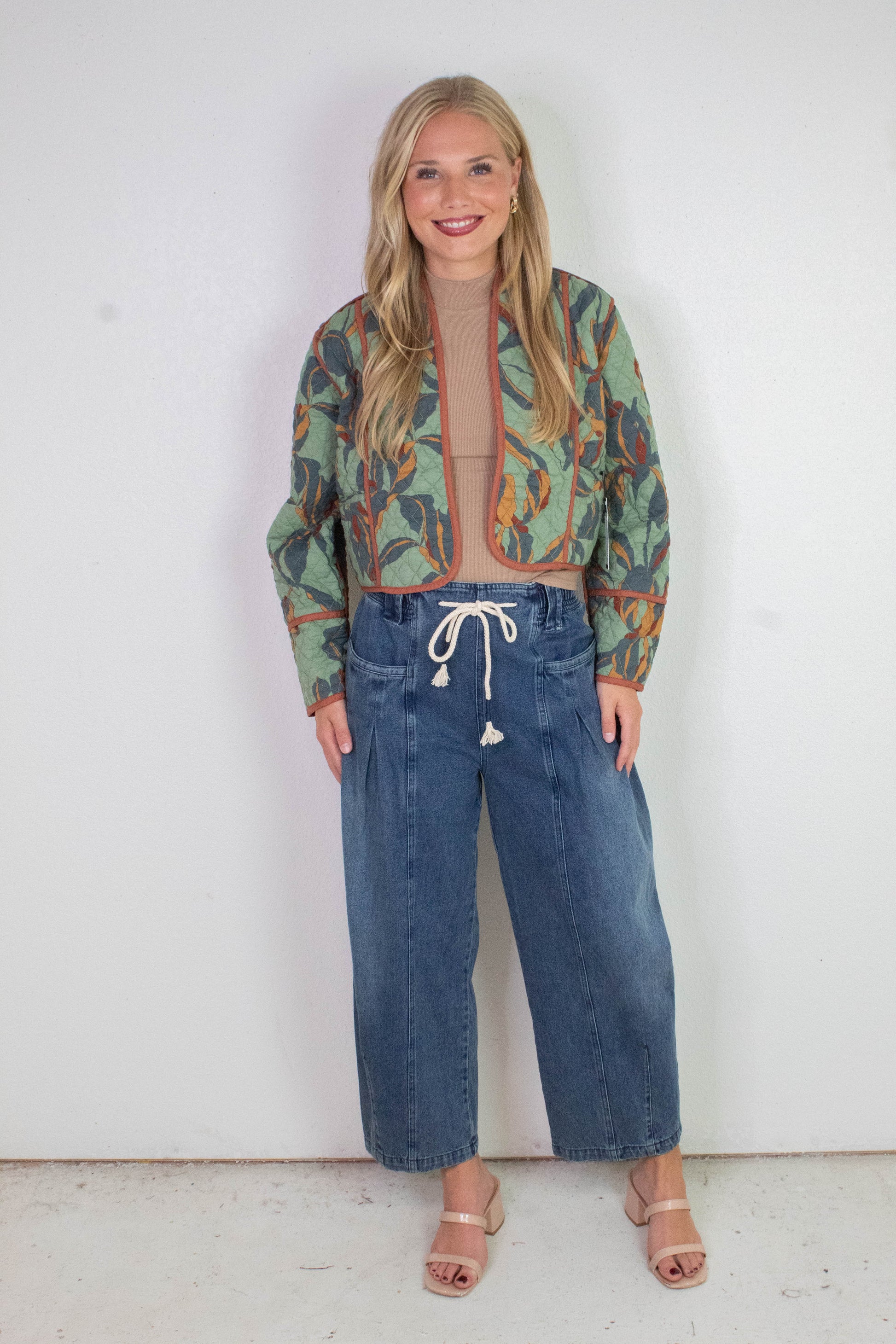  Raya Drawstring Barrel Leg Pants, Washed Denim