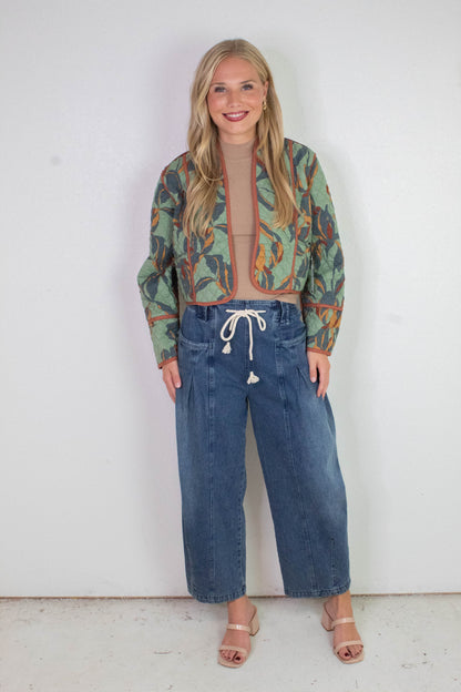  Raya Drawstring Barrel Leg Pants, Washed Denim
