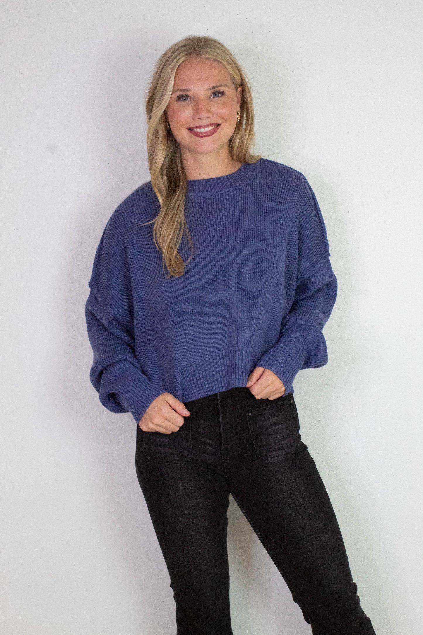  Camila Round Neck Cropped Sweater, Dusty Indigo