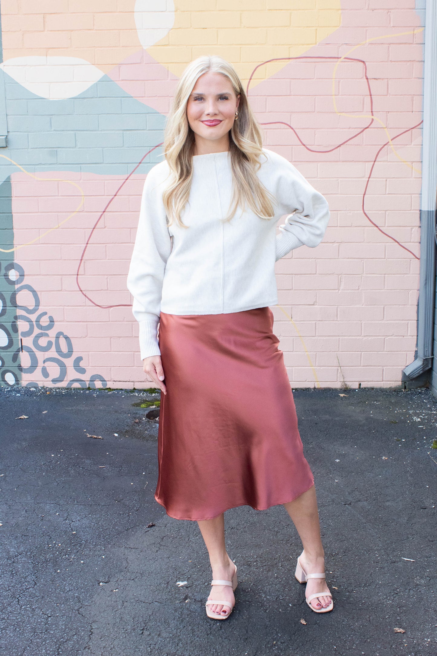  Stevie Satin Bias Midi Skirt, Copper
