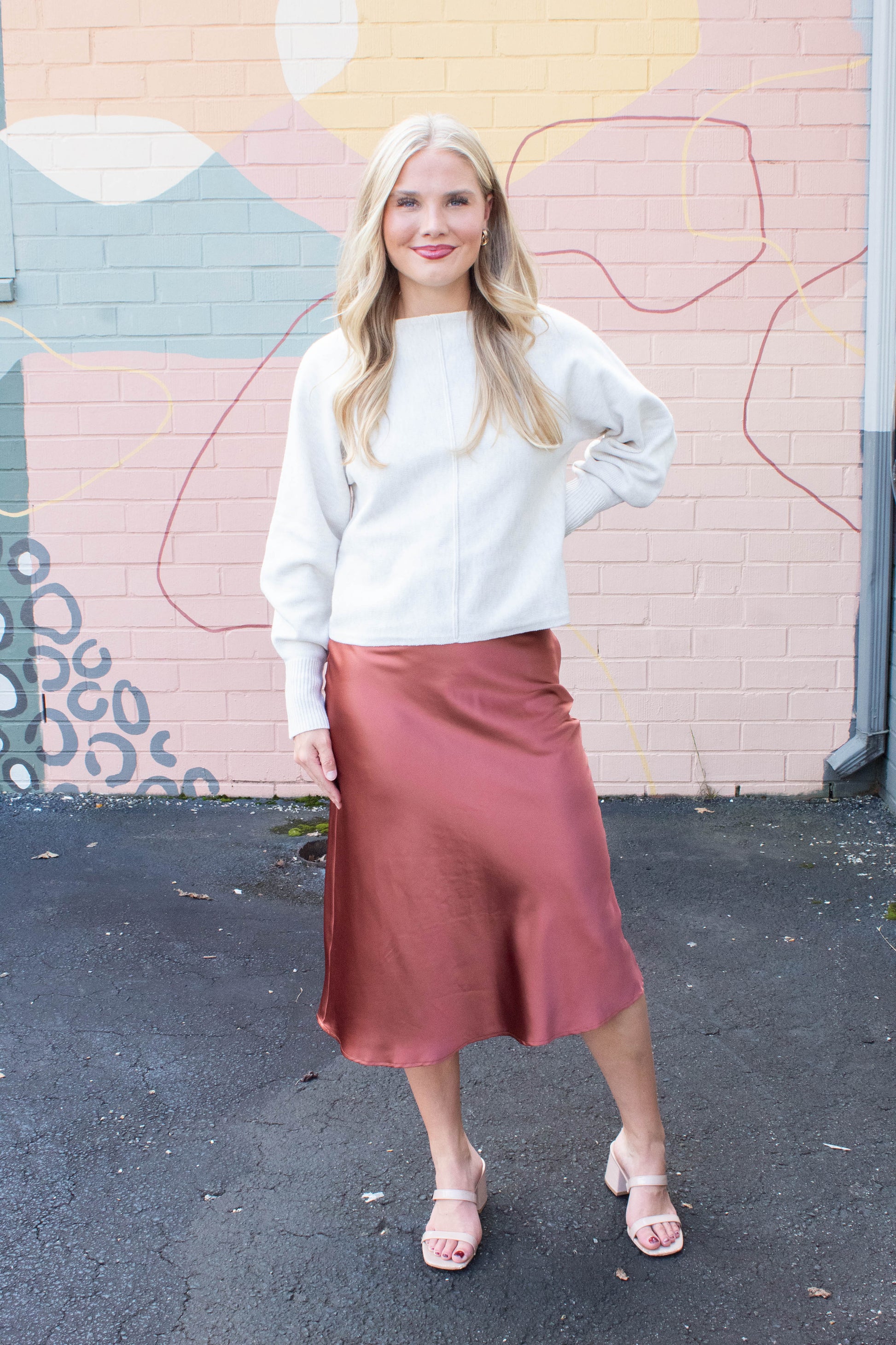  Stevie Satin Bias Midi Skirt, Copper
