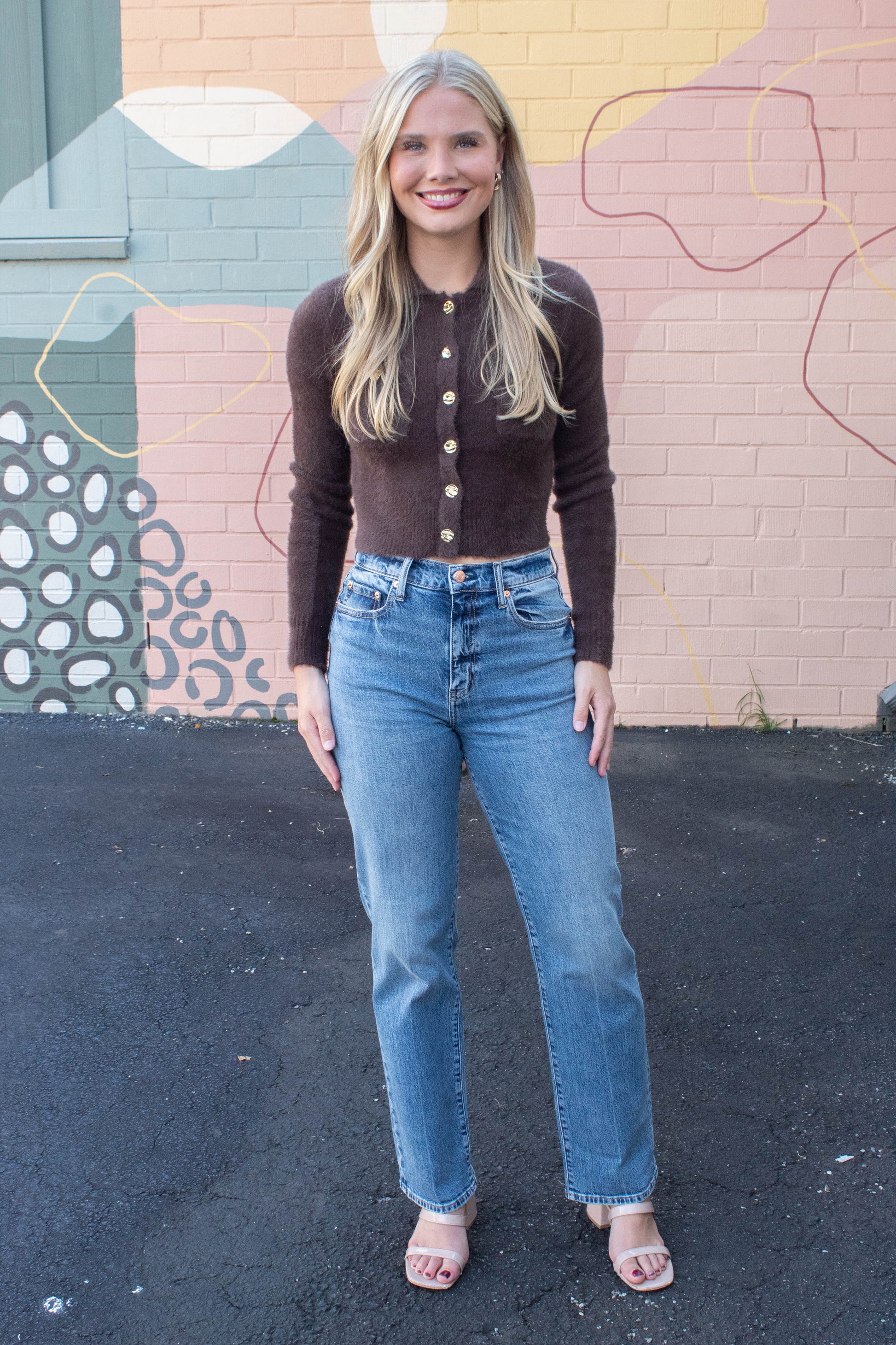  Eva Collared Cropped Cardigan, Brown
